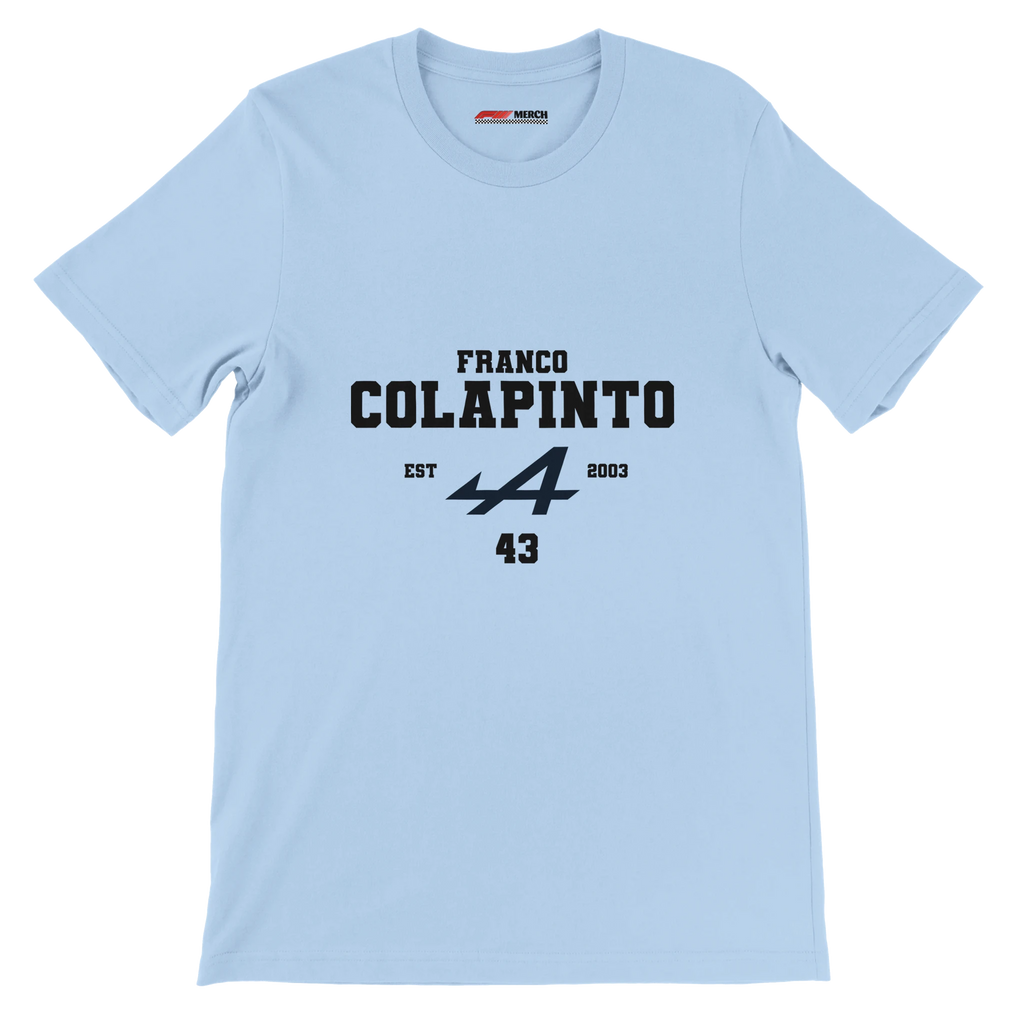 f111 merch light-blue color t-shirt with colapinto branding.