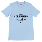 f111 merch light-blue color t-shirt with colapinto branding.
