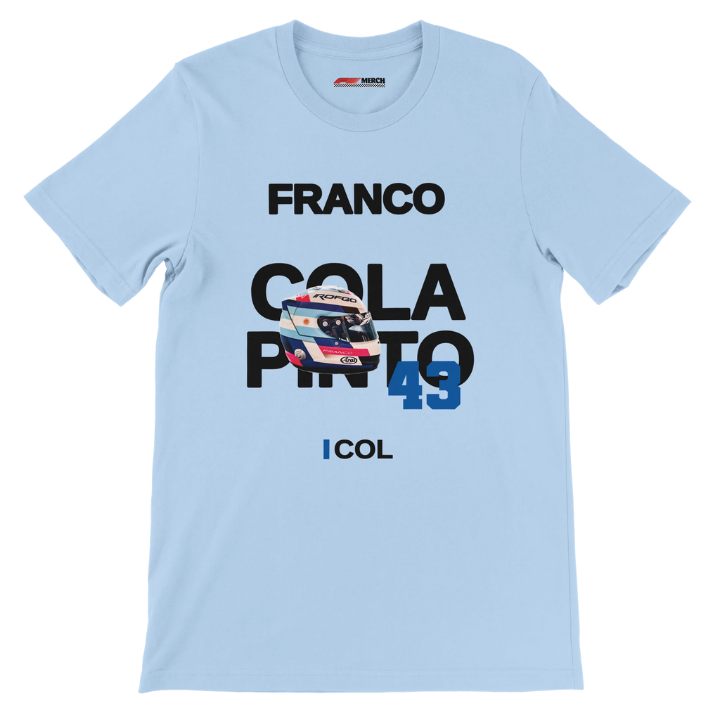 f111 merch light-blue color t-shirt with colapinto branding.