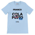 f111 merch light-blue color t-shirt with colapinto branding.