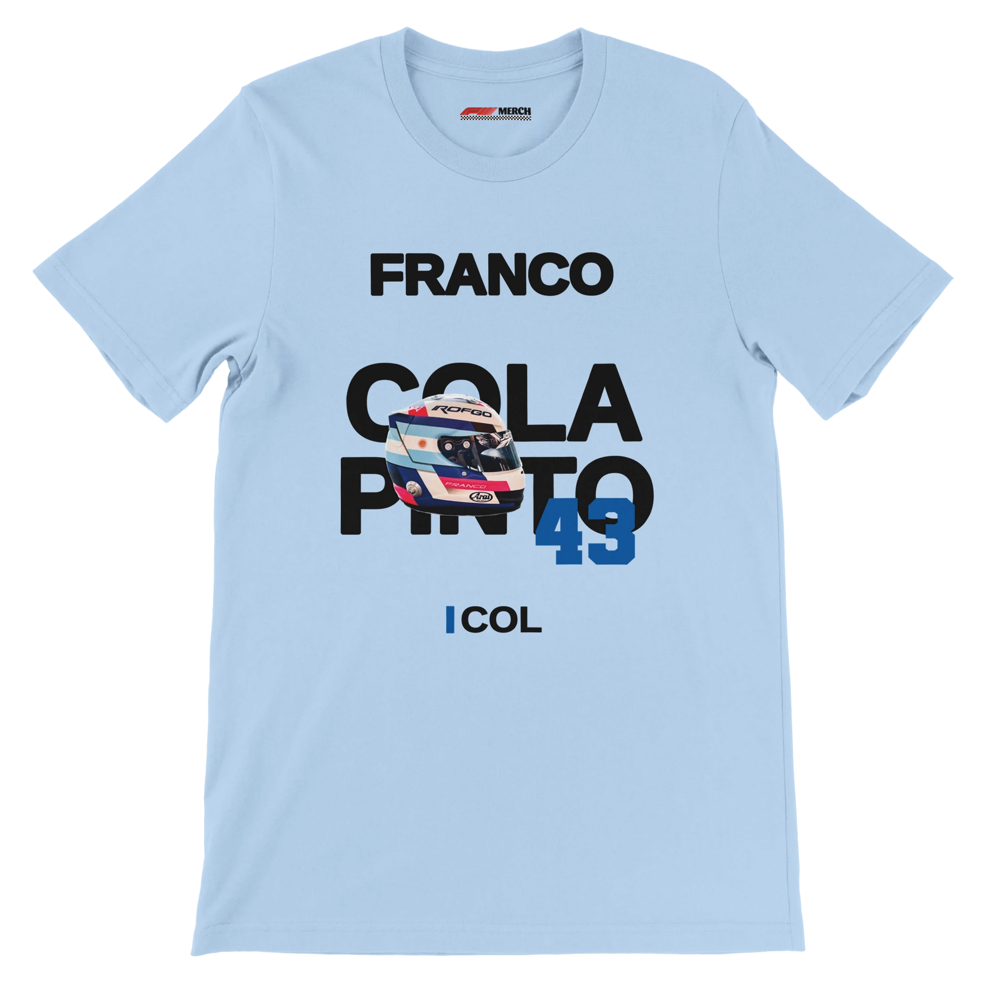 f111 merch light-blue color t-shirt with colapinto branding.