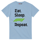 f111 merch light-blue color t-shirt with eat-sleep-f1-repeat-green branding.