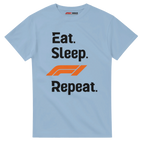 f111 merch light-blue color t-shirt with eat-sleep-f1-repeat-orange branding.