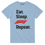f111 merch light-blue color t-shirt with eat-sleep-f1-repeat-red branding.