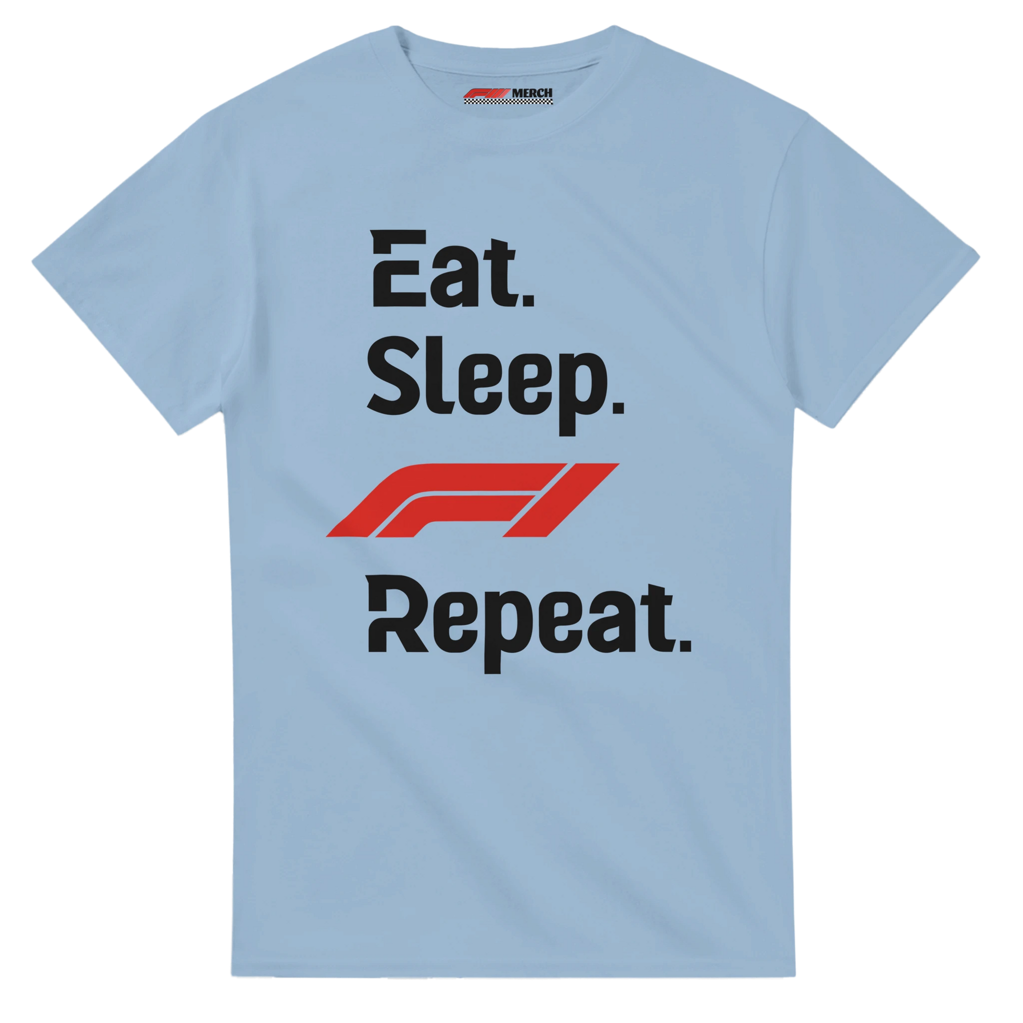 f111 merch light-blue color t-shirt with eat-sleep-f1-repeat-red branding.