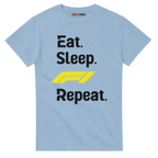 f111 merch light-blue color t-shirt with eat-sleep-f1-repeat-yellow branding.