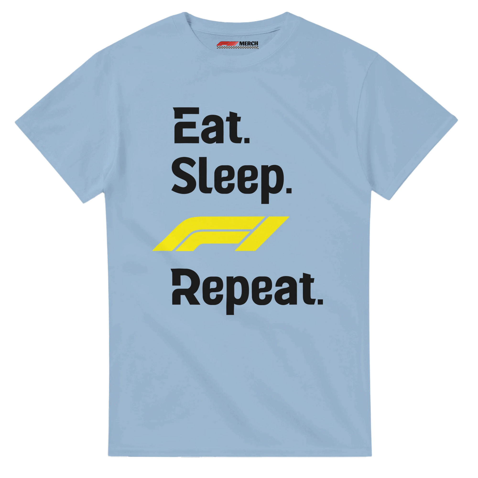 f111 merch light-blue color t-shirt with eat-sleep-f1-repeat-yellow branding.