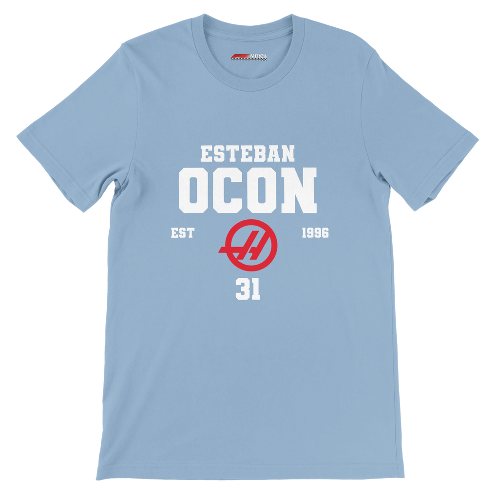 f111 merch light-blue color t-shirt with esteban-ocon branding.