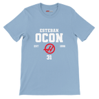 f111 merch light-blue color t-shirt with esteban-ocon branding.