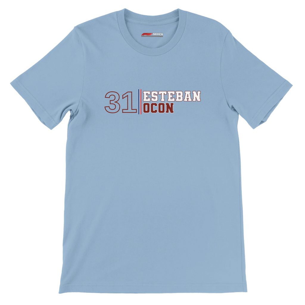 f111 merch light-blue color t-shirt with esteban-ocon branding.