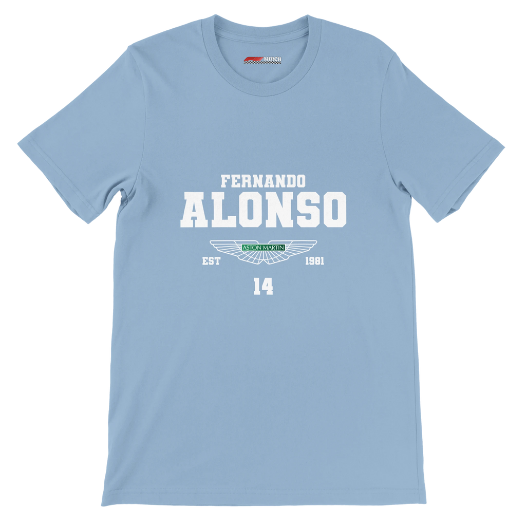 f111 merch light-blue color t-shirt with fernando-alonso branding.