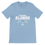 f111 merch light-blue color t-shirt with fernando-alonso branding.