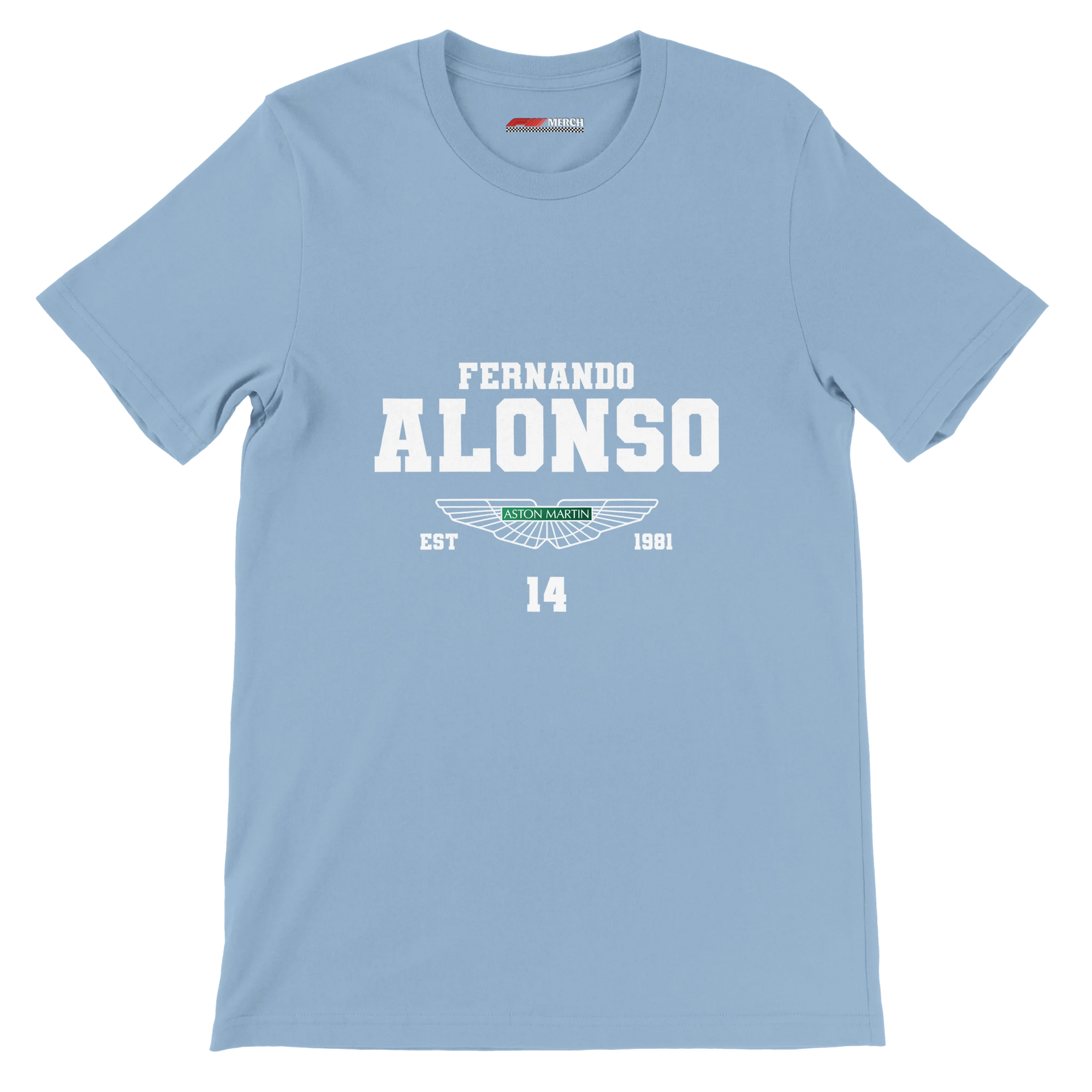 f111 merch light-blue color t-shirt with fernando-alonso branding.