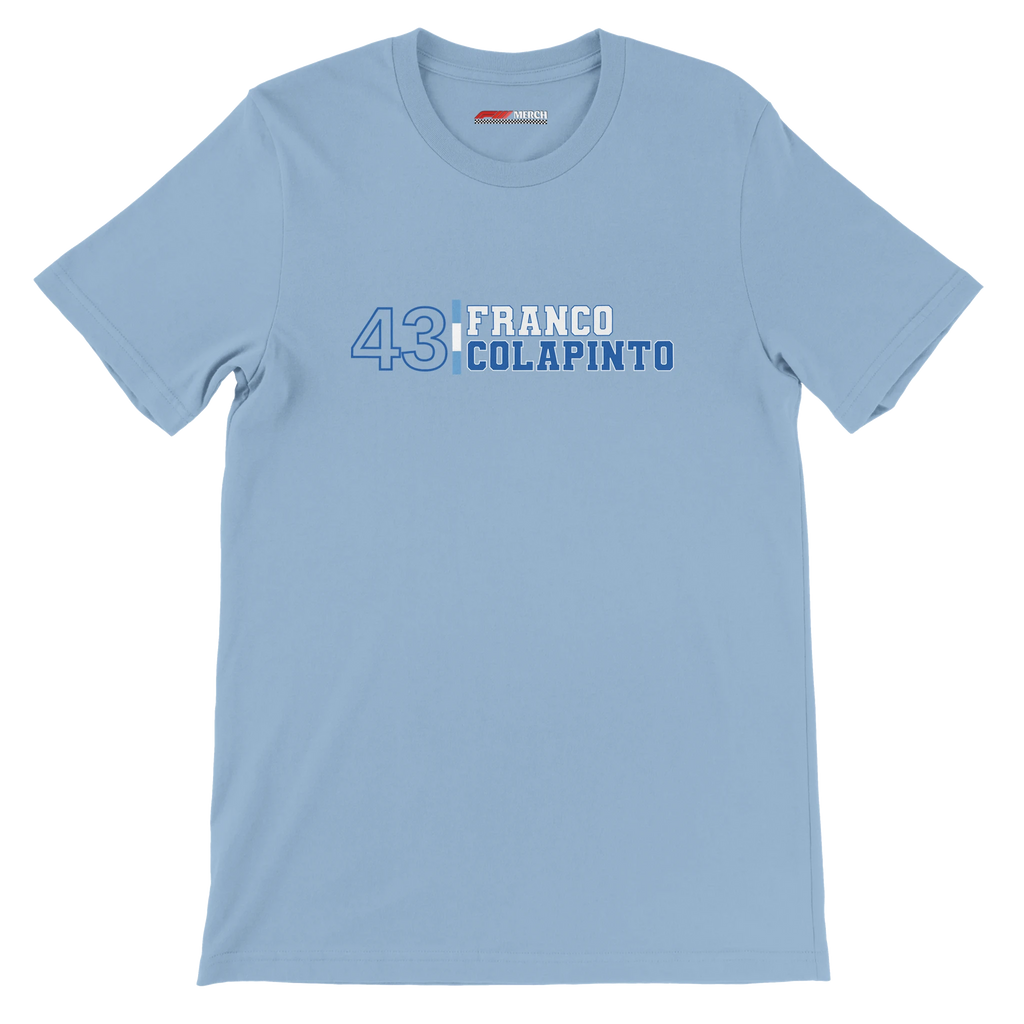 f111 merch light-blue color t-shirt with franco-colapinto branding.