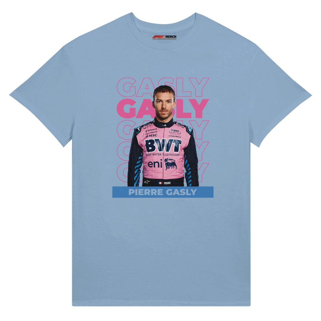 f111 merch light-blue color t-shirt with gasly branding.
