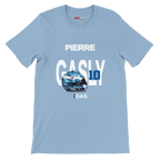 f111 merch light-blue color t-shirt with gasly branding.