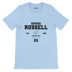 f111 merch light-blue color t-shirt with george-russell branding.