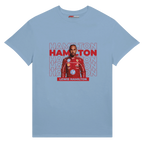 f111 merch light-blue color t-shirt with hamilton branding.