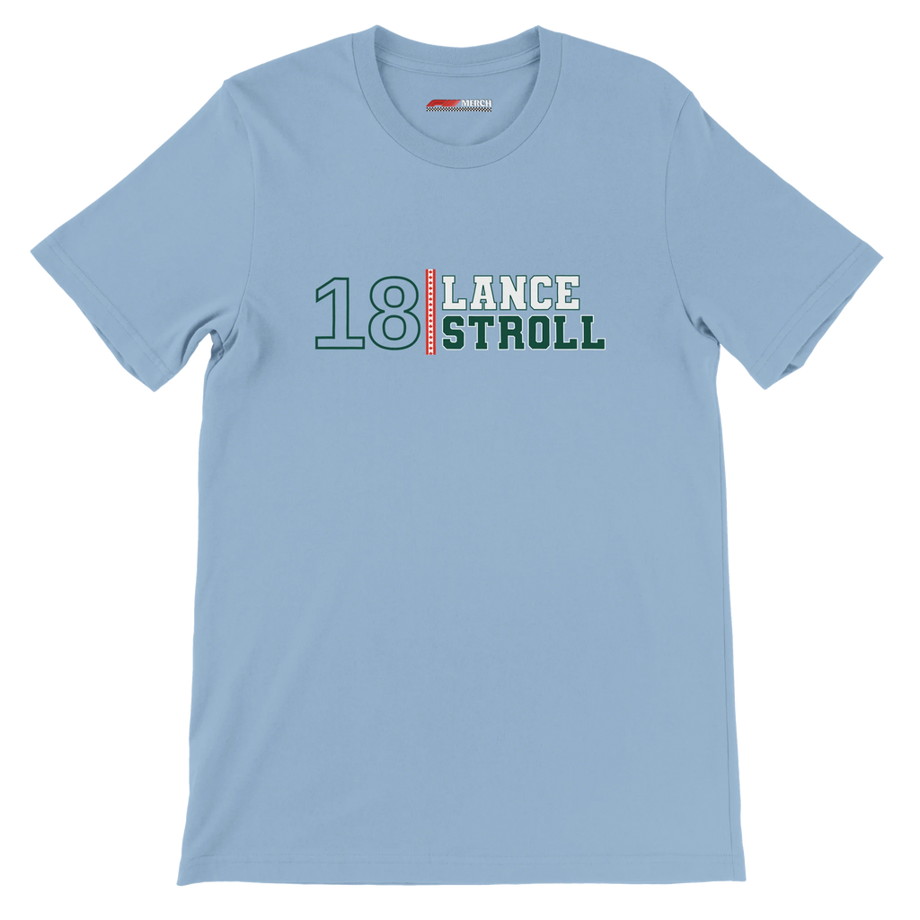 f111 merch light-blue color t-shirt with lance-stroll branding.