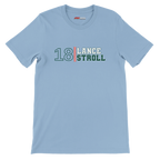 f111 merch light-blue color t-shirt with lance-stroll branding.