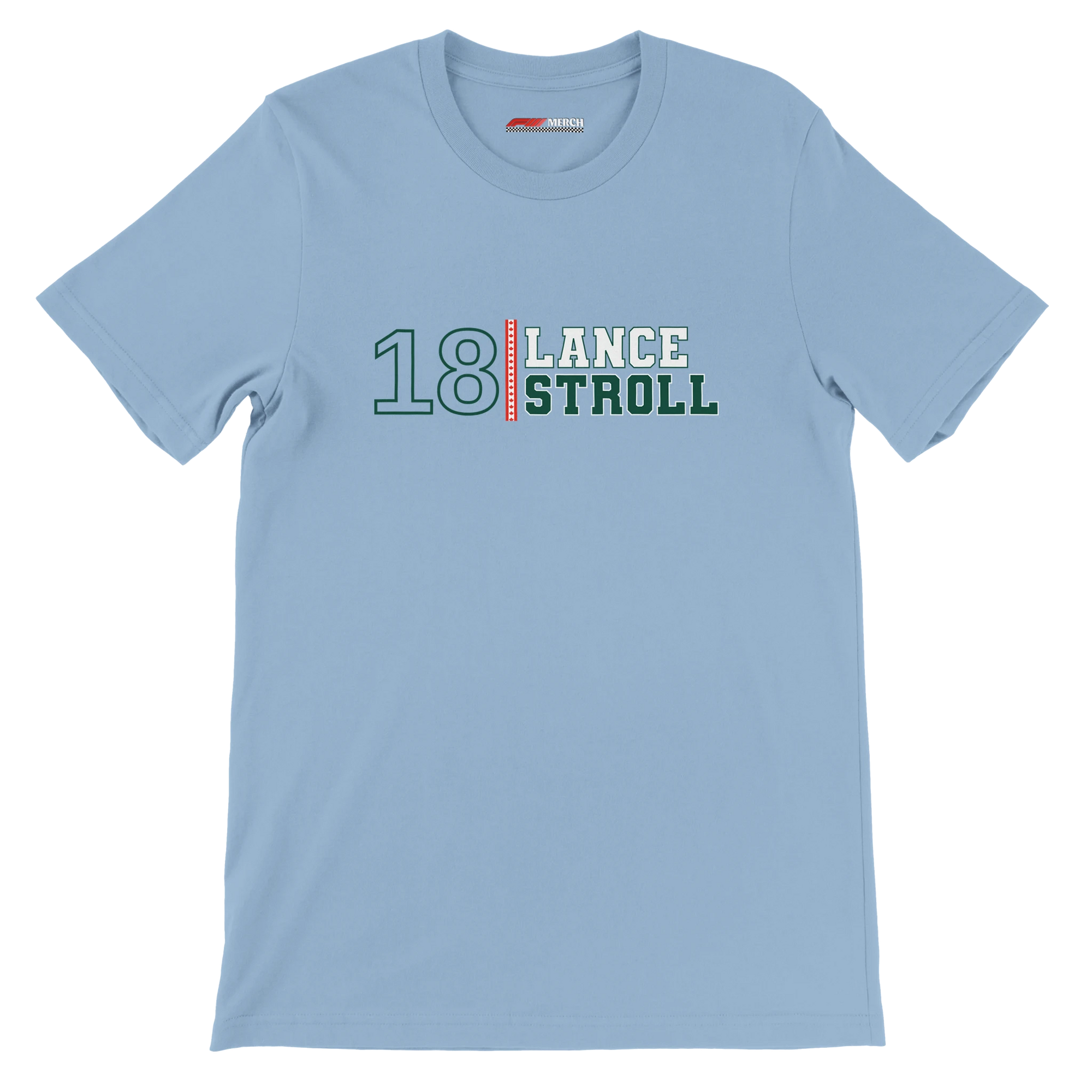 f111 merch light-blue color t-shirt with lance-stroll branding.