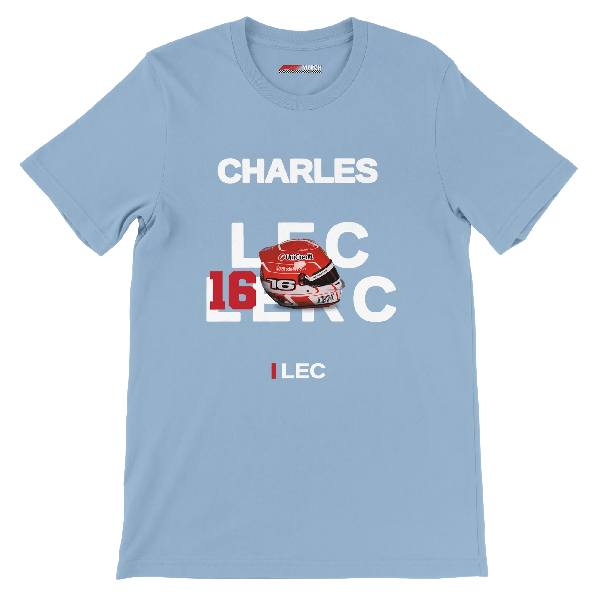 f111 merch light-blue color t-shirt with leclerc branding.