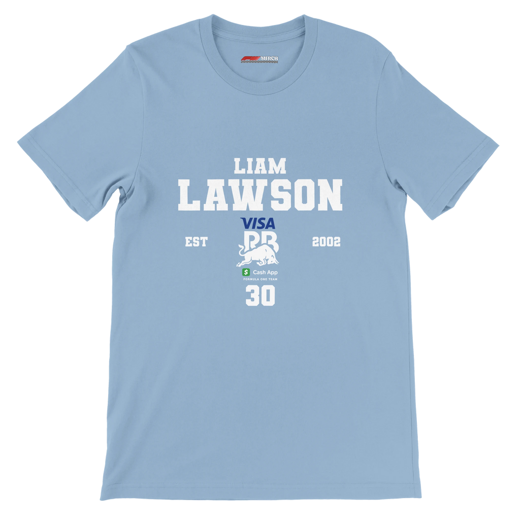 f111 merch light-blue color t-shirt with liam-lawson branding.