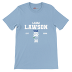 f111 merch light-blue color t-shirt with liam-lawson branding.