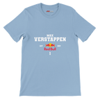 f111 merch light-blue color t-shirt with max-verstappen branding.