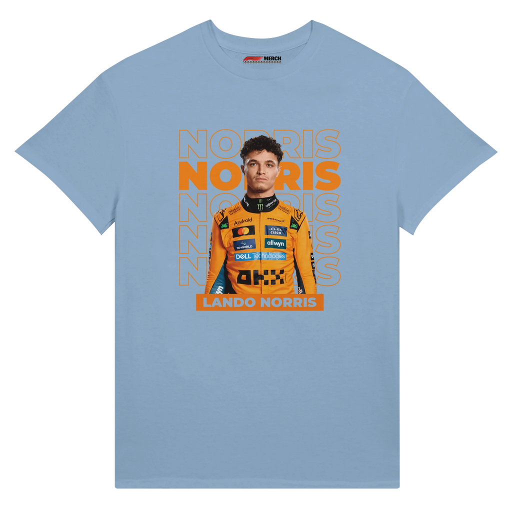 f111 merch light-blue color t-shirt with norris branding.