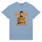 f111 merch light-blue color t-shirt with norris branding.
