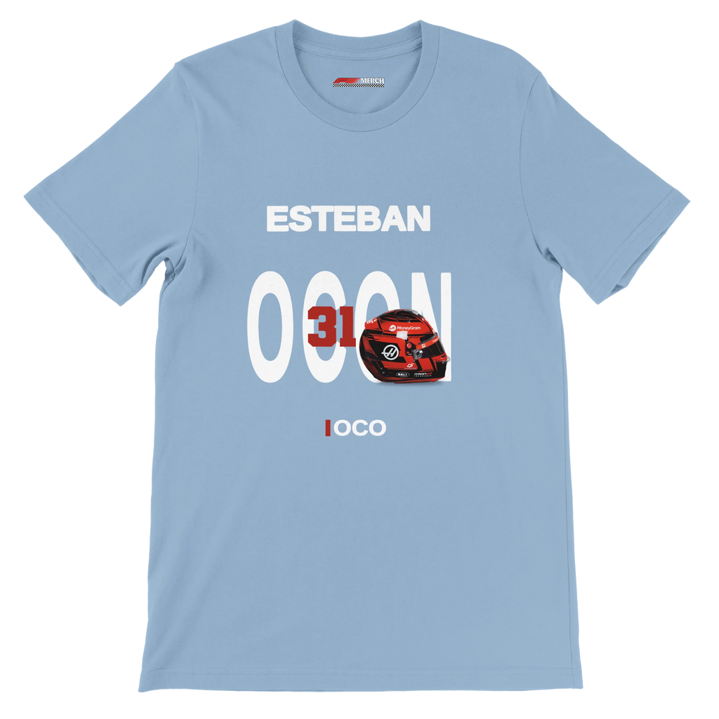 f111 merch light-blue color t-shirt with ocon branding.