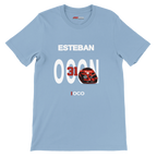 f111 merch light-blue color t-shirt with ocon branding.
