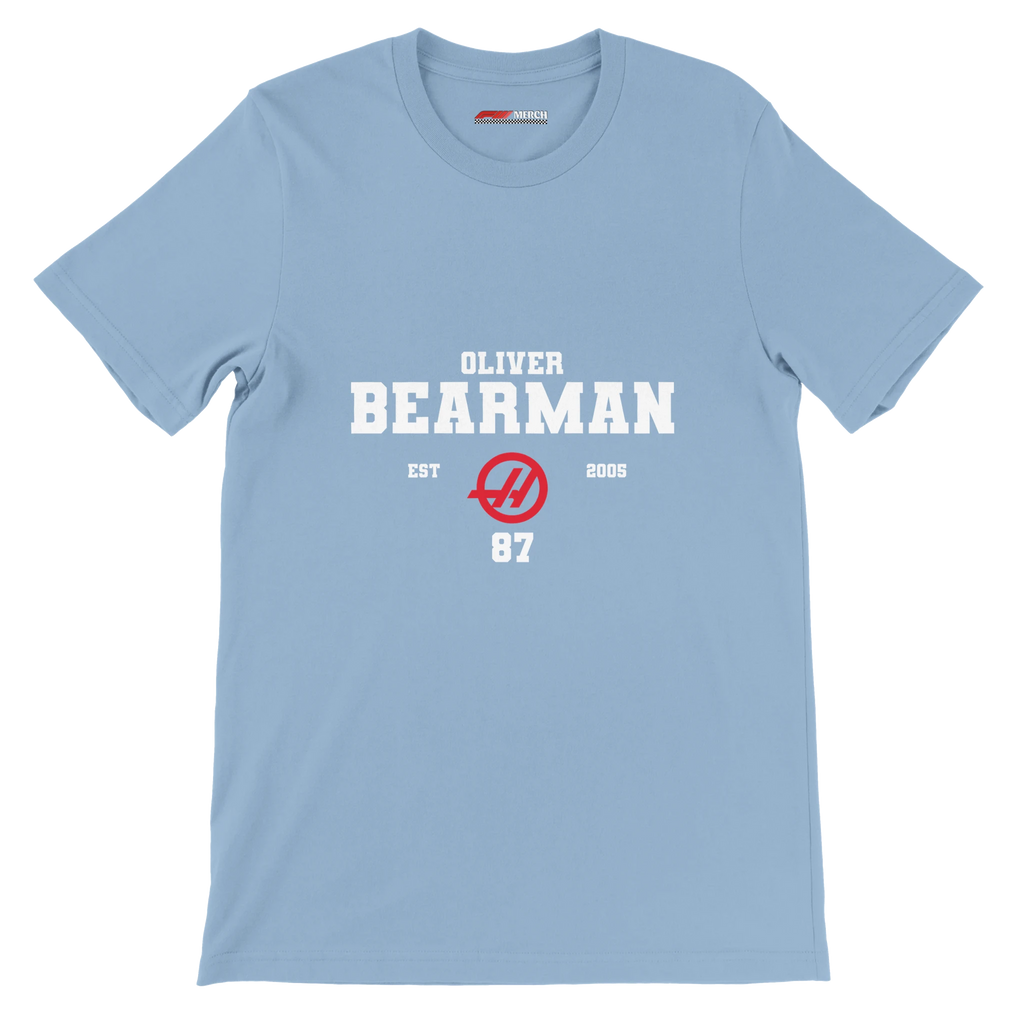 f111 merch light-blue color t-shirt with oliver-bearman branding.