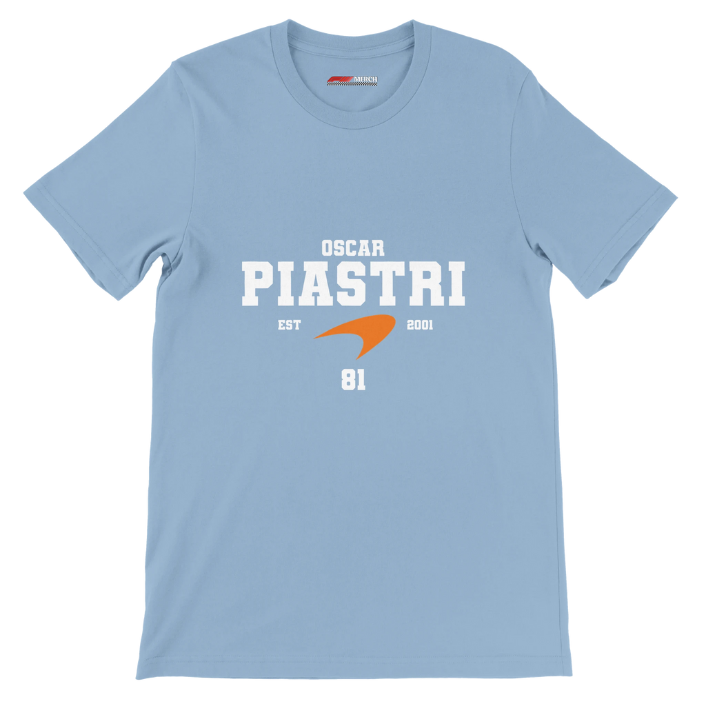 f111 merch light-blue color t-shirt with oscar-piastri branding.