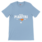 f111 merch light-blue color t-shirt with oscar-piastri branding.
