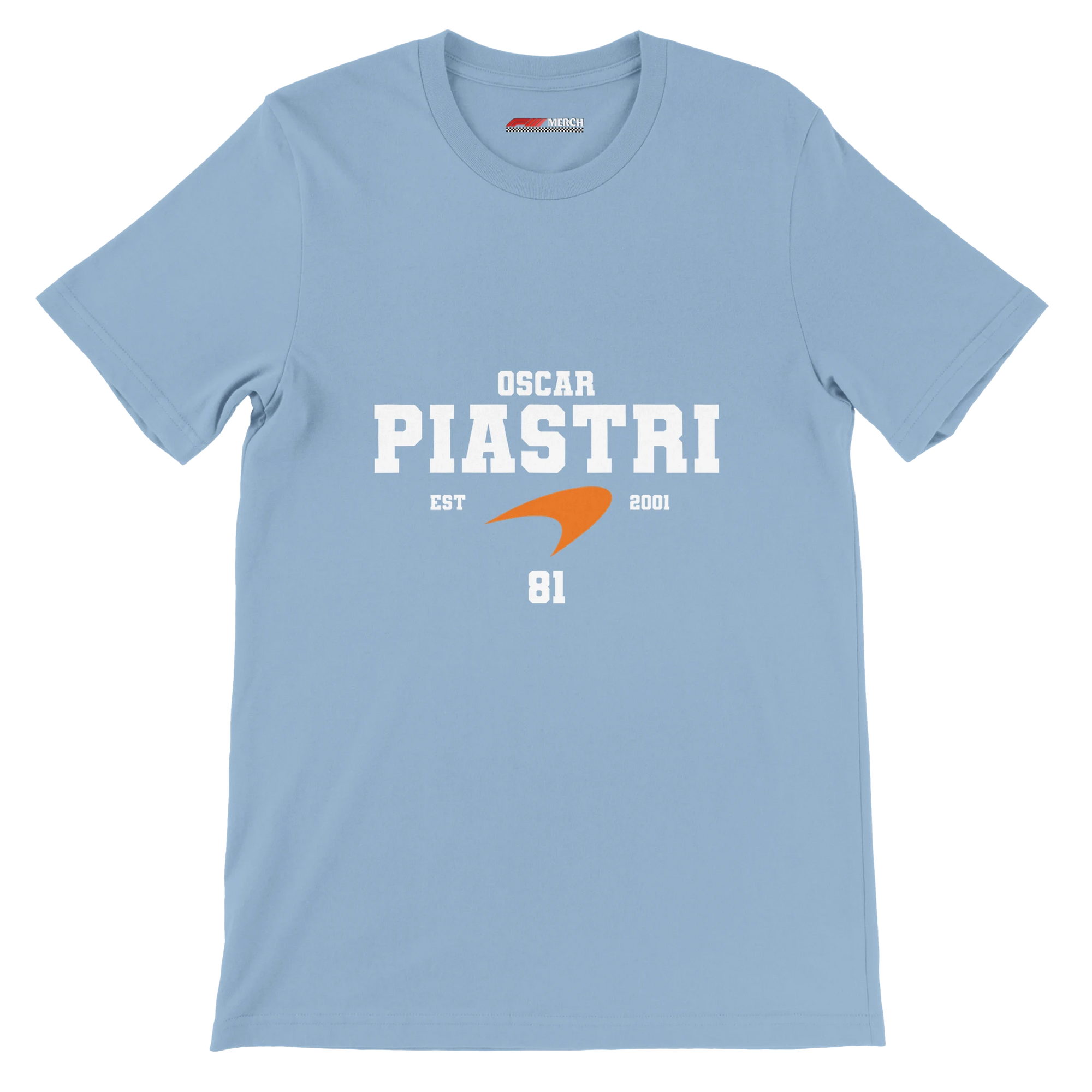 f111 merch light-blue color t-shirt with oscar-piastri branding.