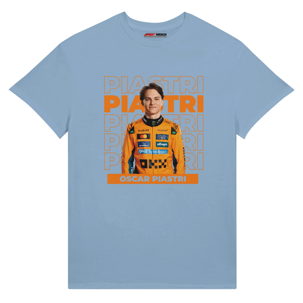 f111 merch light-blue color t-shirt with piastri branding.