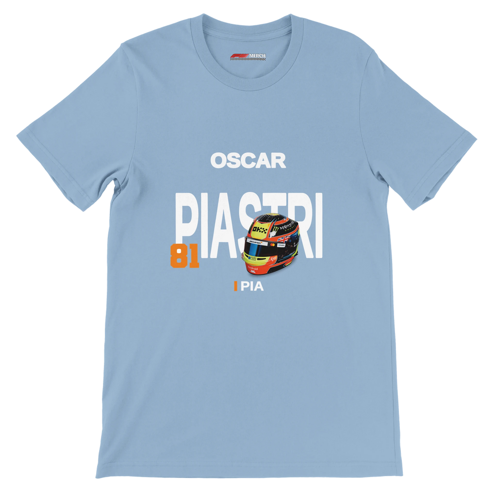 f111 merch light-blue color t-shirt with piastri branding.