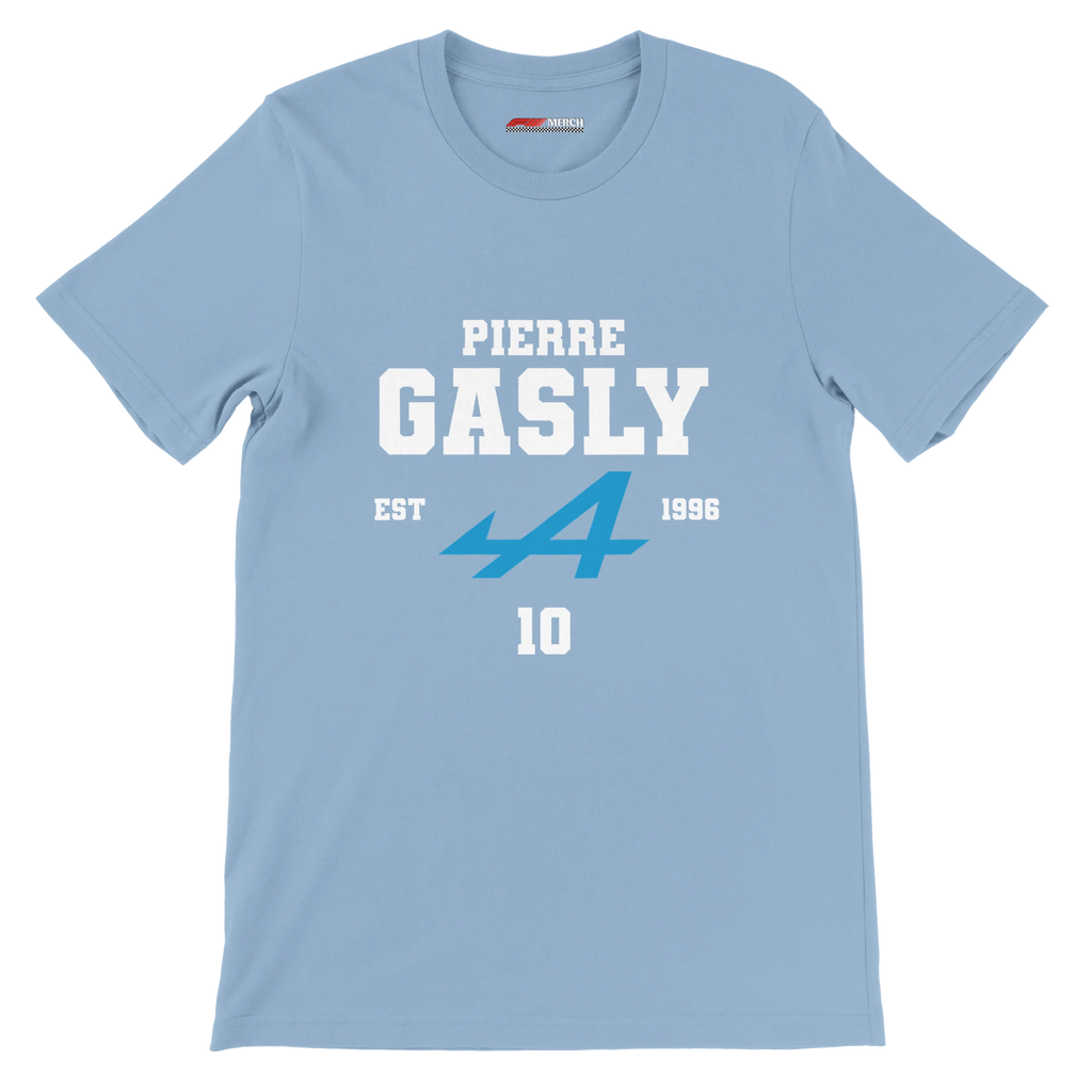 f111 merch light-blue color t-shirt with pierre-gasly branding.