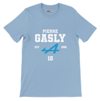 f111 merch light-blue color t-shirt with pierre-gasly branding.