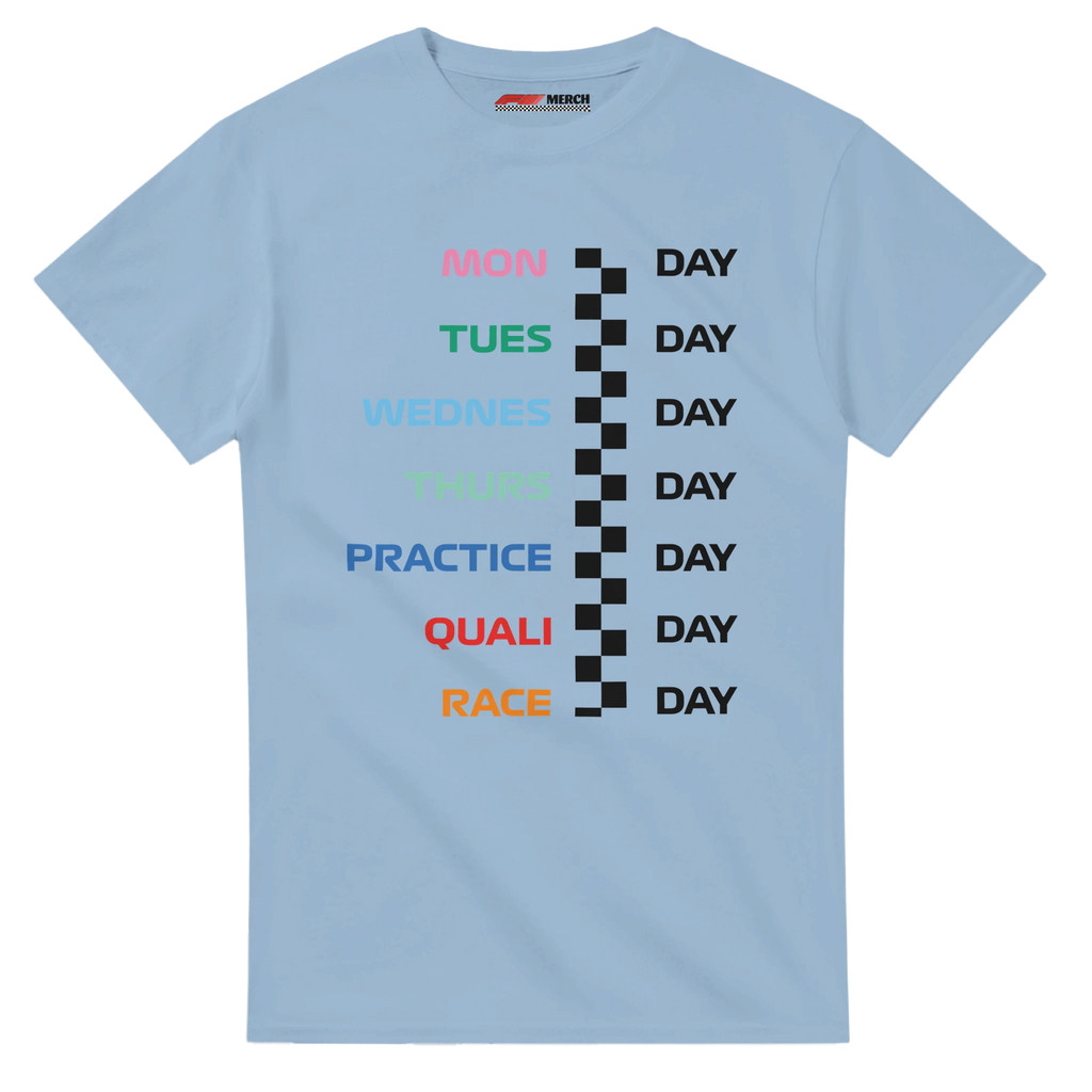 f111 merch light-blue color t-shirt with race_week branding.
