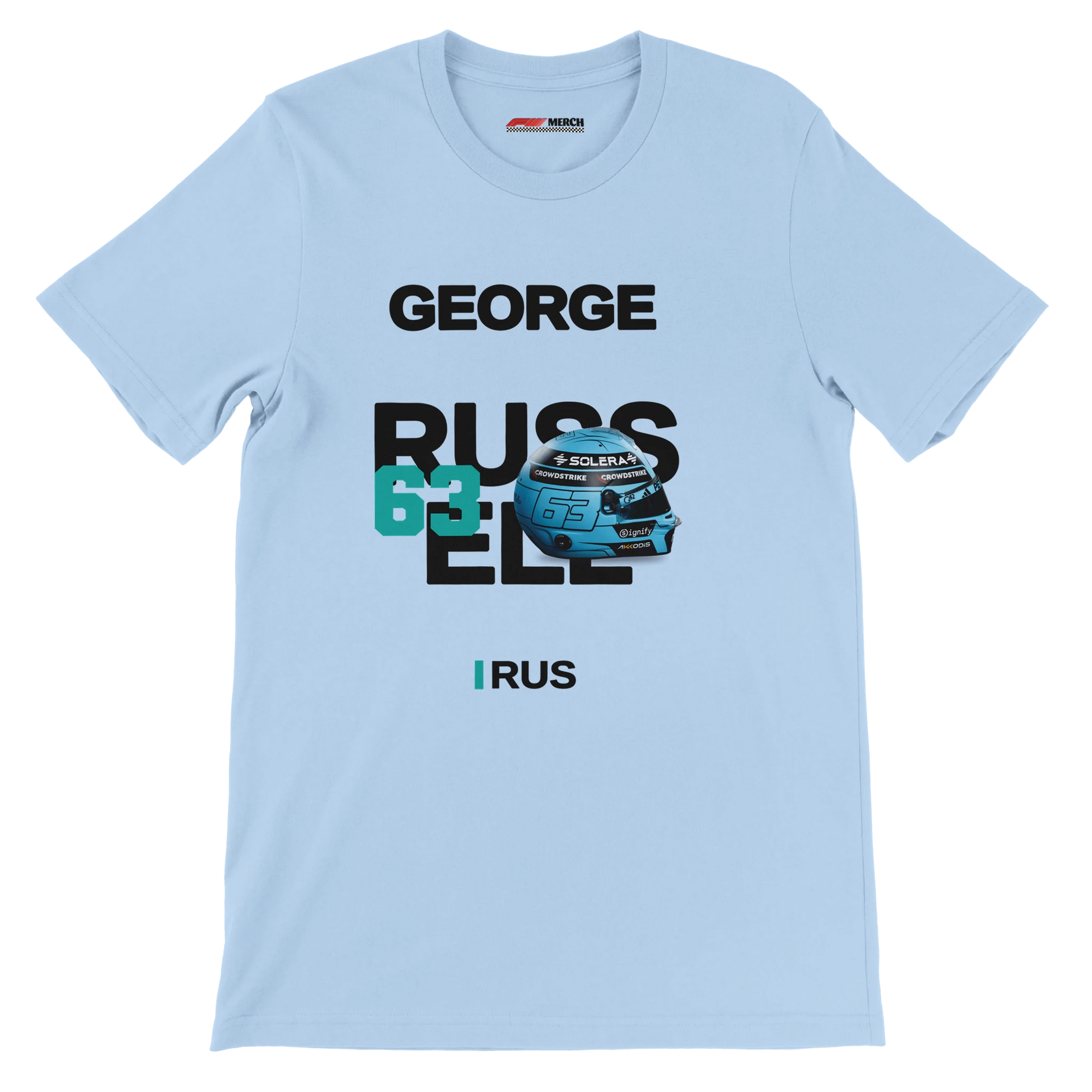f111 merch light-blue color t-shirt with russell branding.