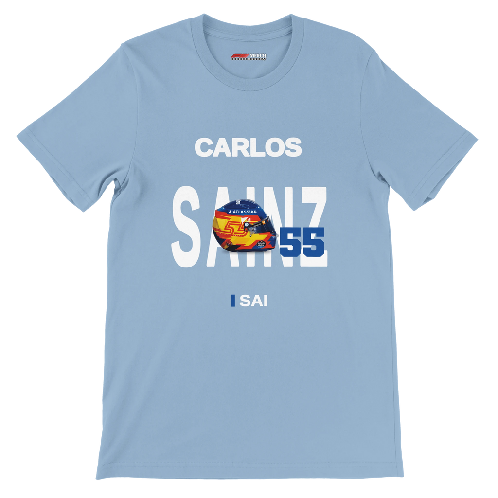 f111 merch light-blue color t-shirt with sainz branding.