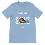 f111 merch light-blue color t-shirt with sainz branding.