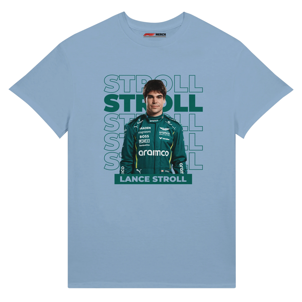 f111 merch light-blue color t-shirt with stroll branding.