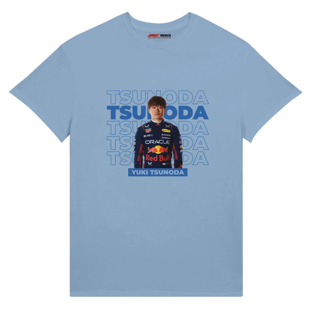 f111 merch light-blue color t-shirt with tsunoda branding.