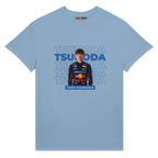 f111 merch light-blue color t-shirt with tsunoda branding.