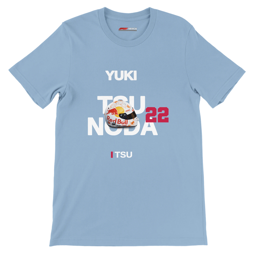 f111 merch light-blue color t-shirt with tsunoda branding.
