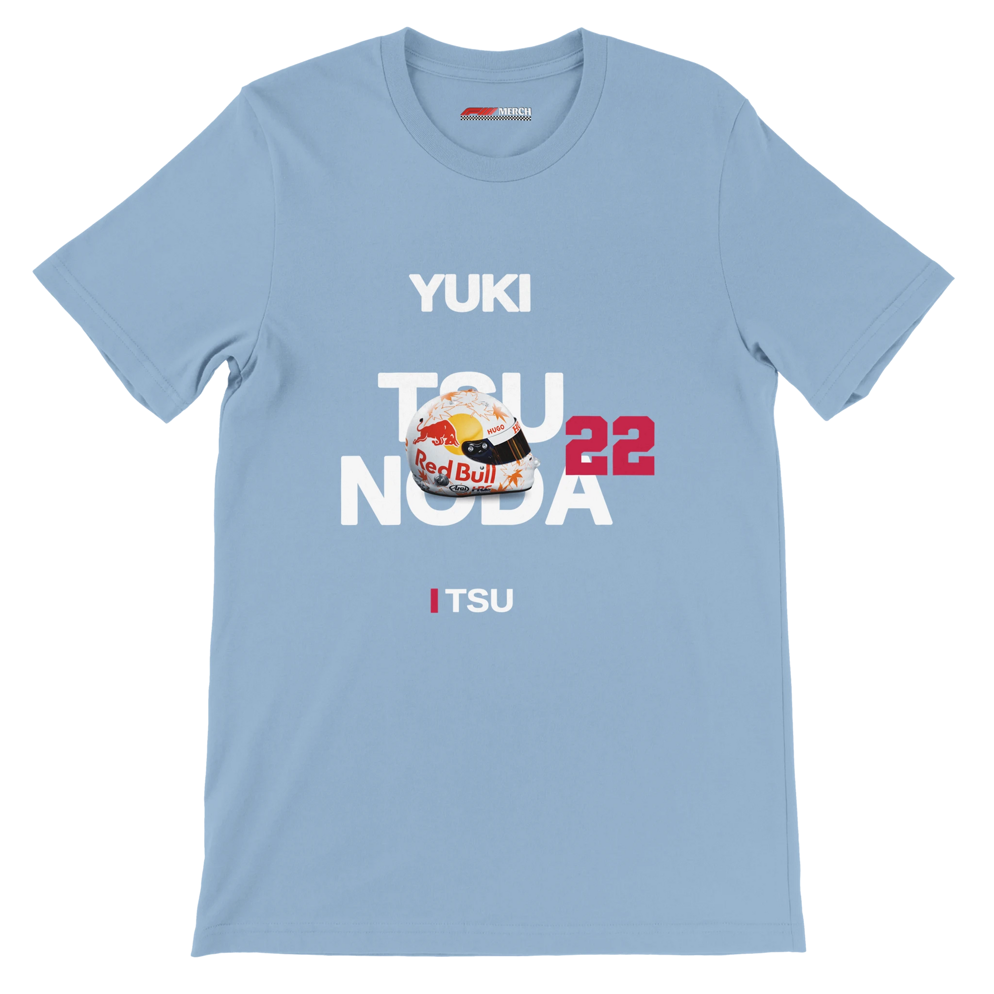 f111 merch light-blue color t-shirt with tsunoda branding.